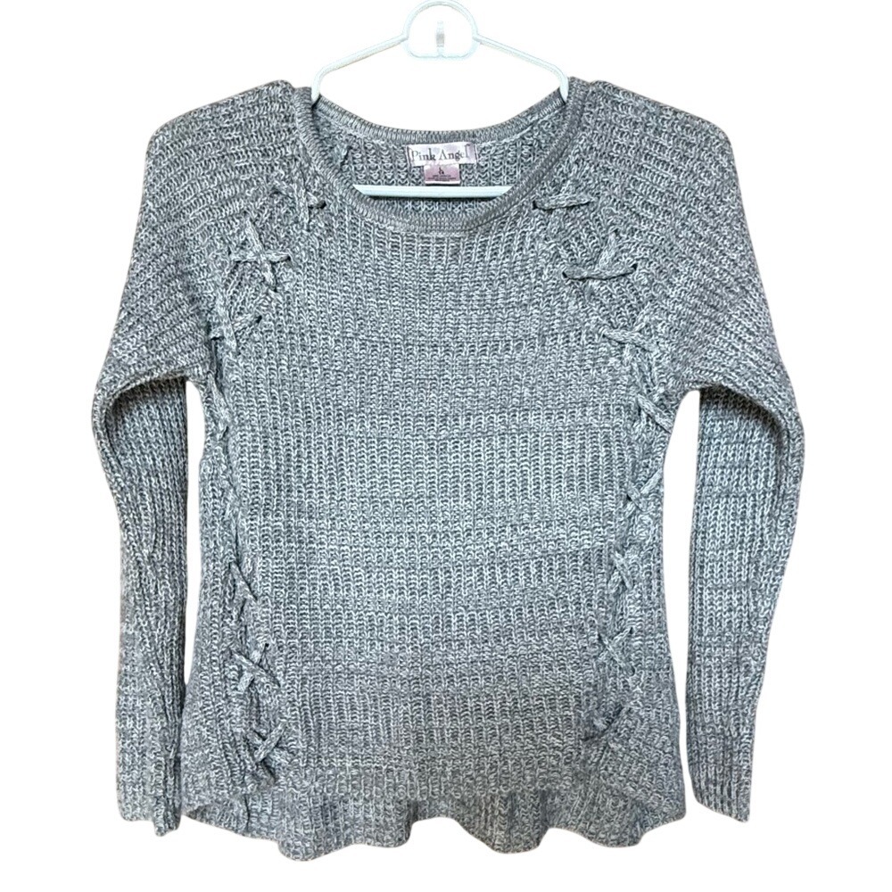 Pink Angel Girls Grey Marl Knit Sweater Lace Up Sides Size L 14 Long Sleeve